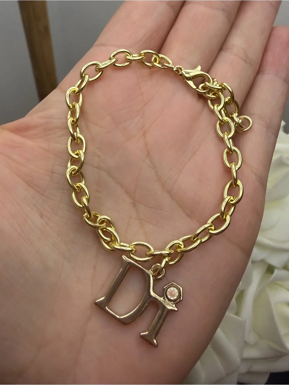 Gold Link Bracelet with 'Di' Letter Charm